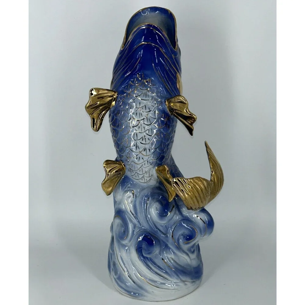 Vintage Large 17.5” Chinese Blue And Gold Porcelain Gurgling Koi Fish Vase